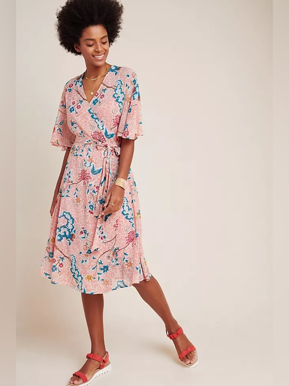 Maeve Pink Floral Midi Wrap Dress with Blue Accents